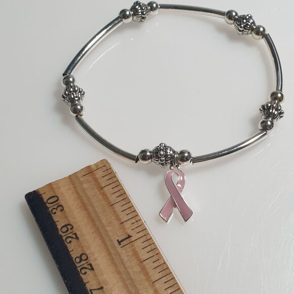 Pink Ribbon Awareness Charm Bracelet Silver Bead Women Stretch Design Jewelry - Picture 2 of 4